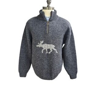 Norwool Mens Gray Pure Wool Quarter Zip‎ Moose Intarsia Knit Sweater Mens Large